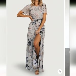 New Baltic Born Women's Small Floral Blue Maxi Dress Flutter Sleeve Tie Waist